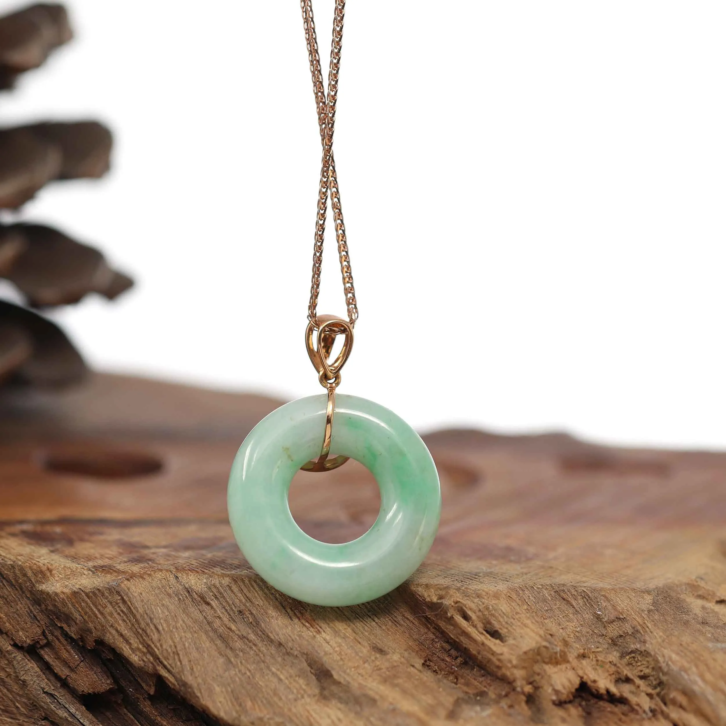 RealJade® Co. "Good Luck Birdie" 18k Rose Gold Genuine Burmese Jadeite Lucky Kou Kou Pendant Necklace With Diamond