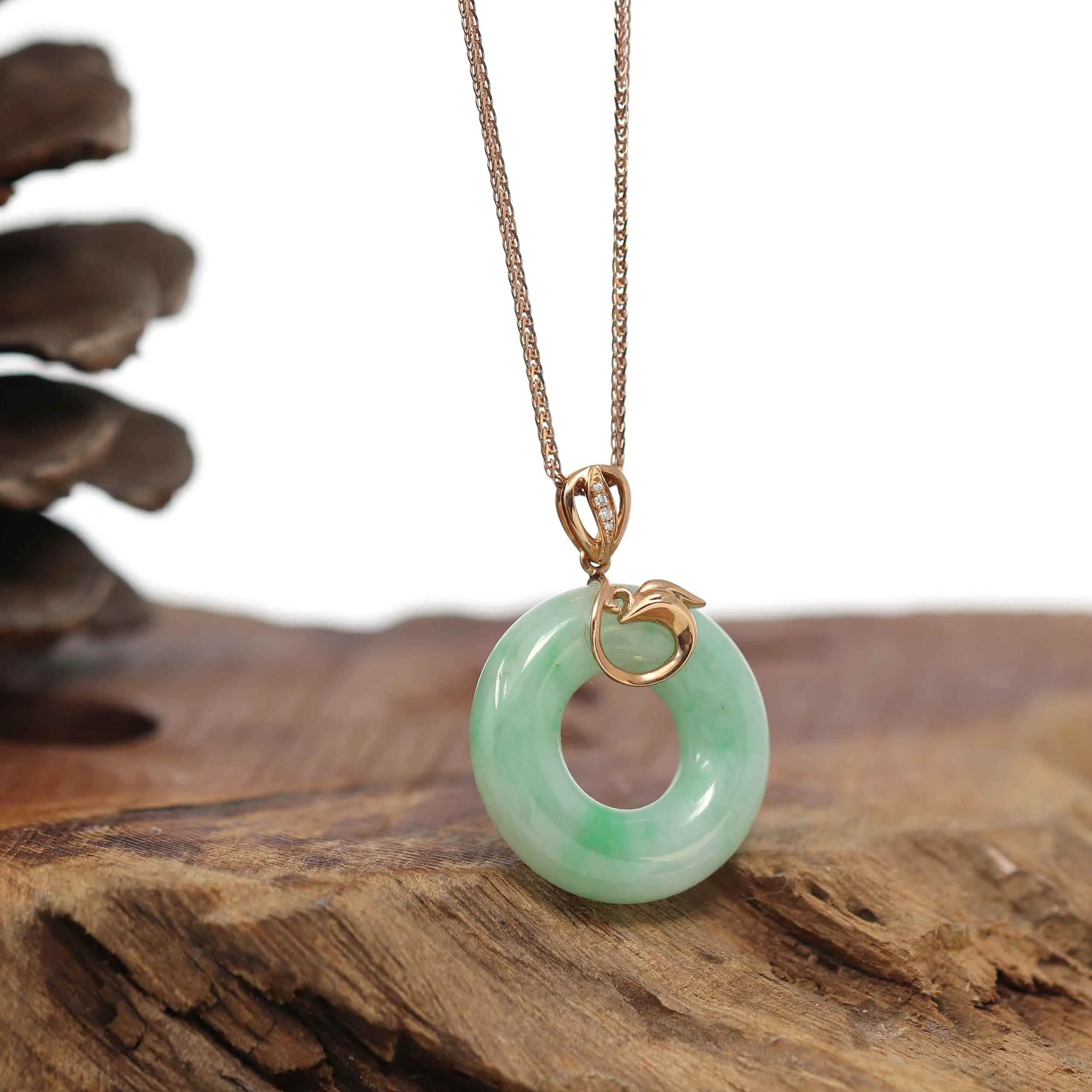 RealJade® Co. "Good Luck Birdie" 18k Rose Gold Genuine Burmese Jadeite Lucky Kou Kou Pendant Necklace With Diamond