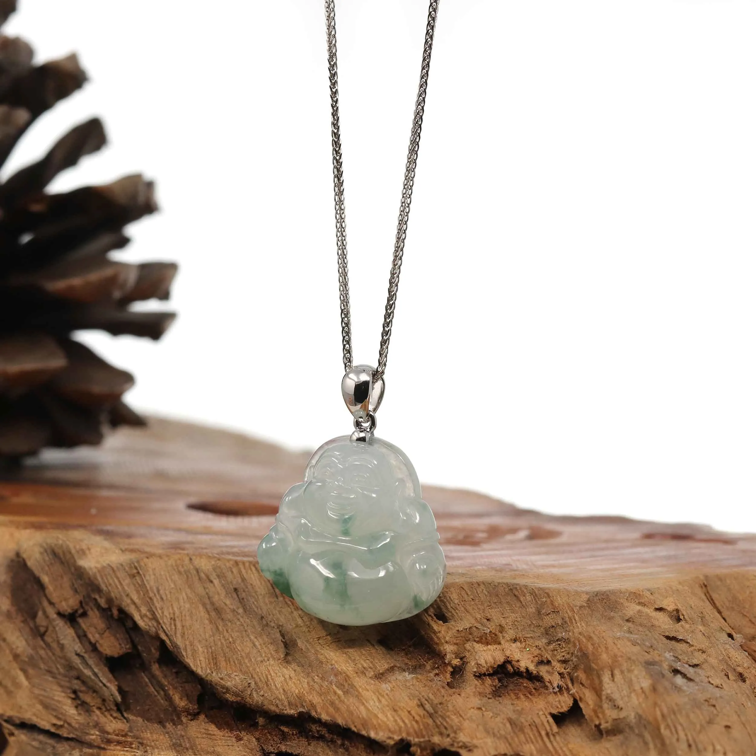 RealJade® Co. "Laughing Buddha" Genuine Ice Blue-green Jadeite Buddha Pendant Necklace