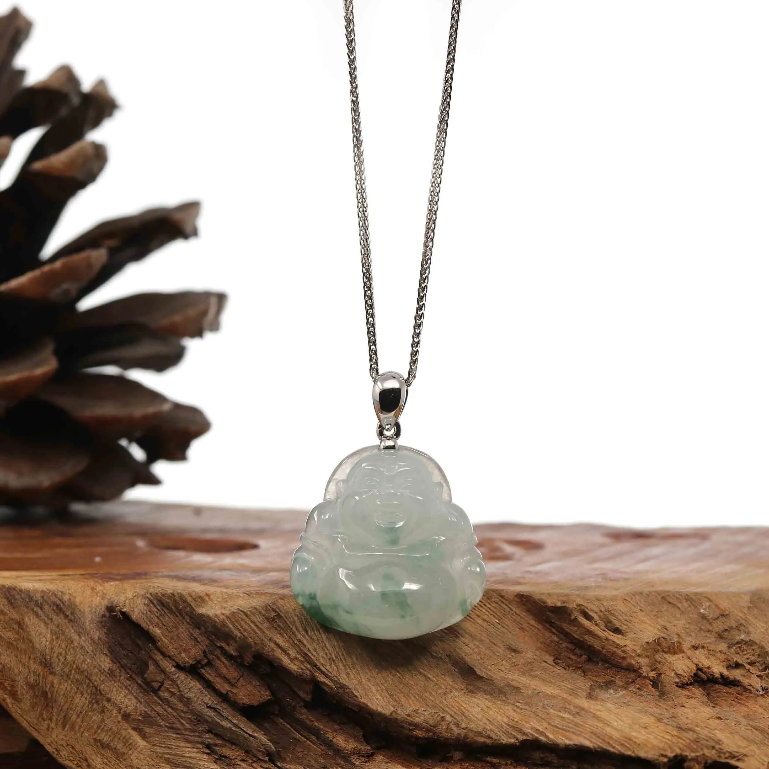 RealJade® Co. "Laughing Buddha" Genuine Ice Blue-green Jadeite Buddha Pendant Necklace