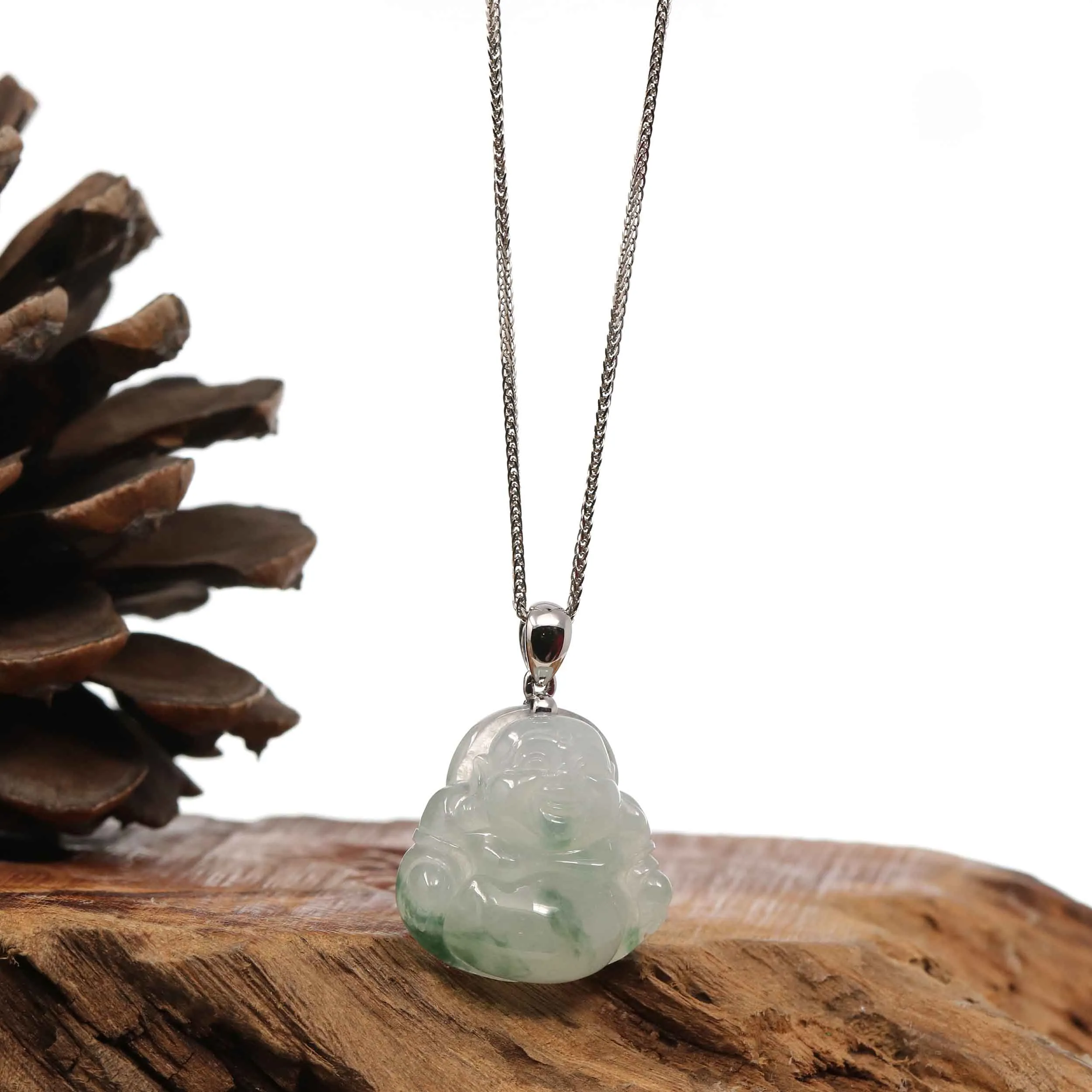 RealJade® Co. "Laughing Buddha" Genuine Ice Blue-green Jadeite Buddha Pendant Necklace