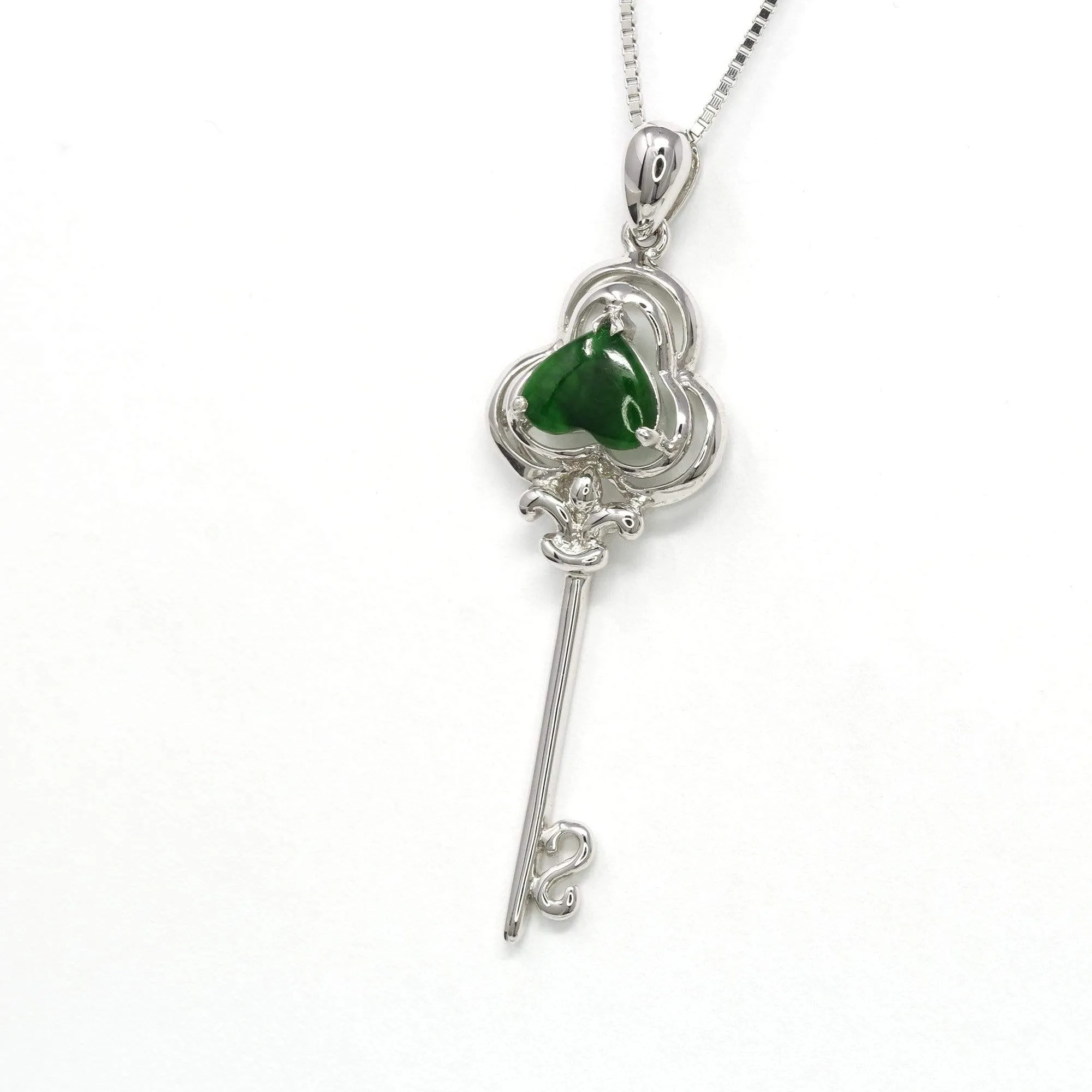 RealJade® "Heart Key" 18k White Gold Genuine Burmese Jadeite Key Pendant Necklace #N15