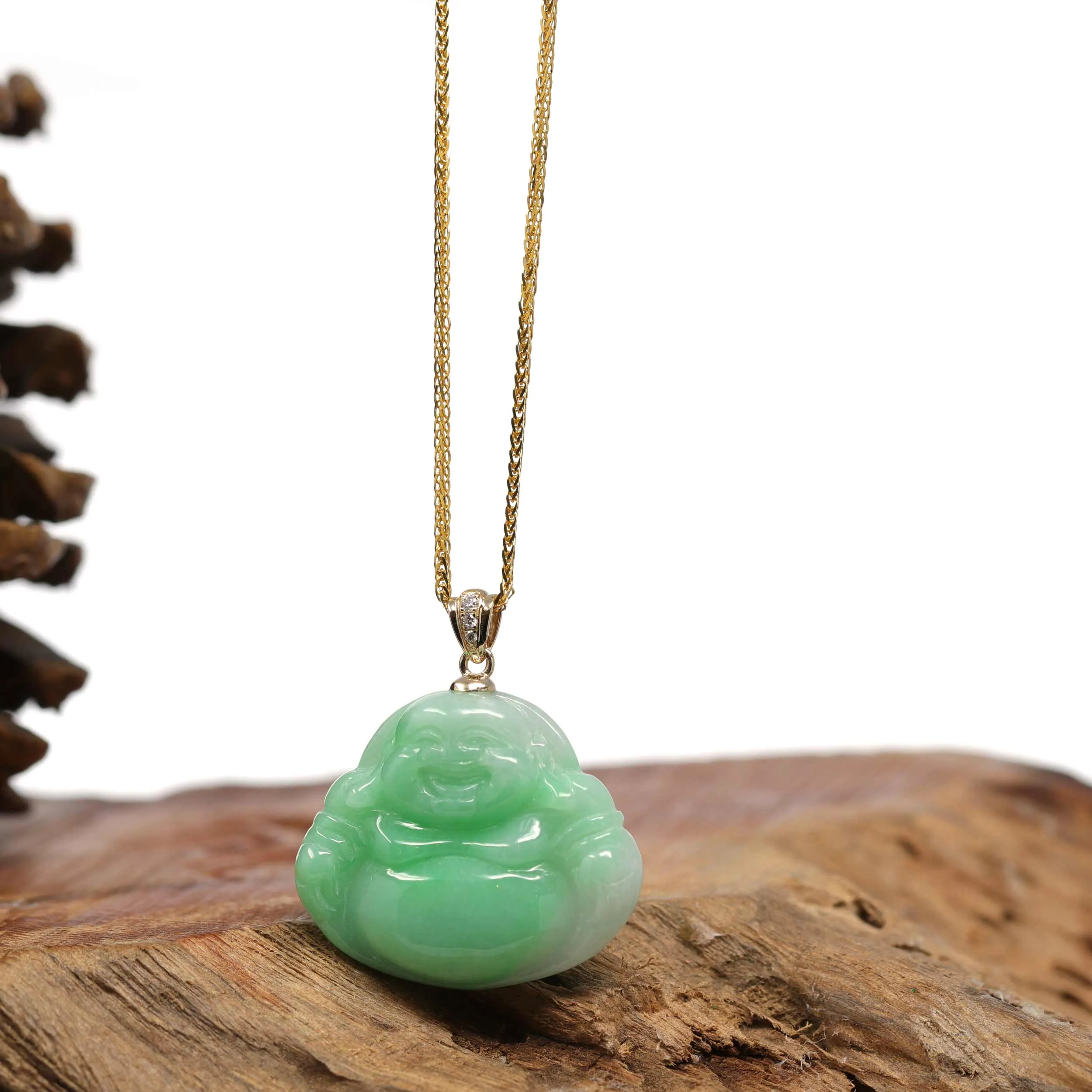 RealJade® "Laughing Buddha" Genuine Green Jadeite Buddha Pendant Necklace With 14k Yellow Gold Diamond Bail