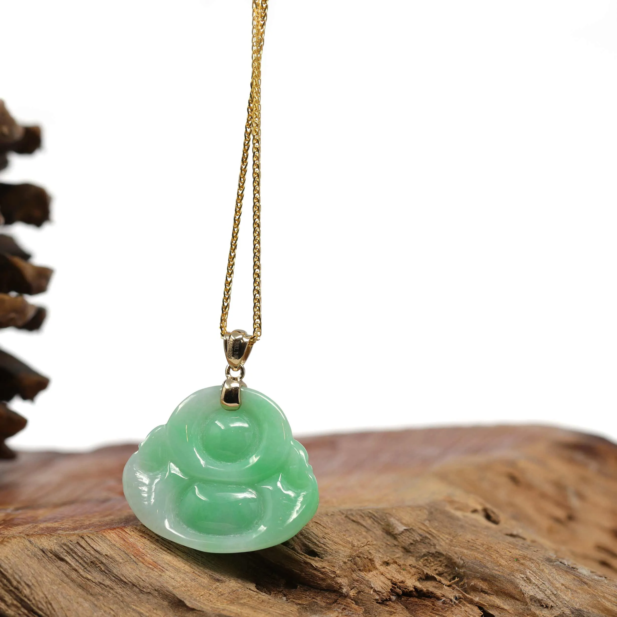 RealJade® "Laughing Buddha" Genuine Green Jadeite Buddha Pendant Necklace With 14k Yellow Gold Diamond Bail