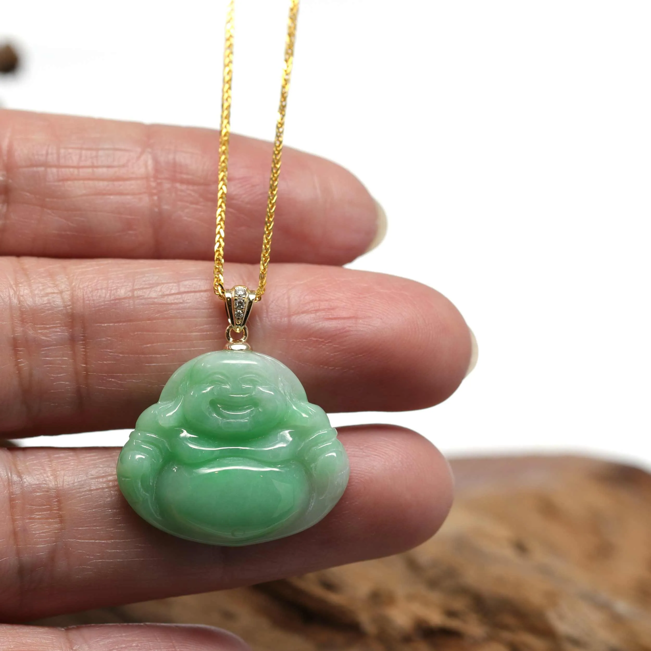 RealJade® "Laughing Buddha" Genuine Green Jadeite Buddha Pendant Necklace With 14k Yellow Gold Diamond Bail