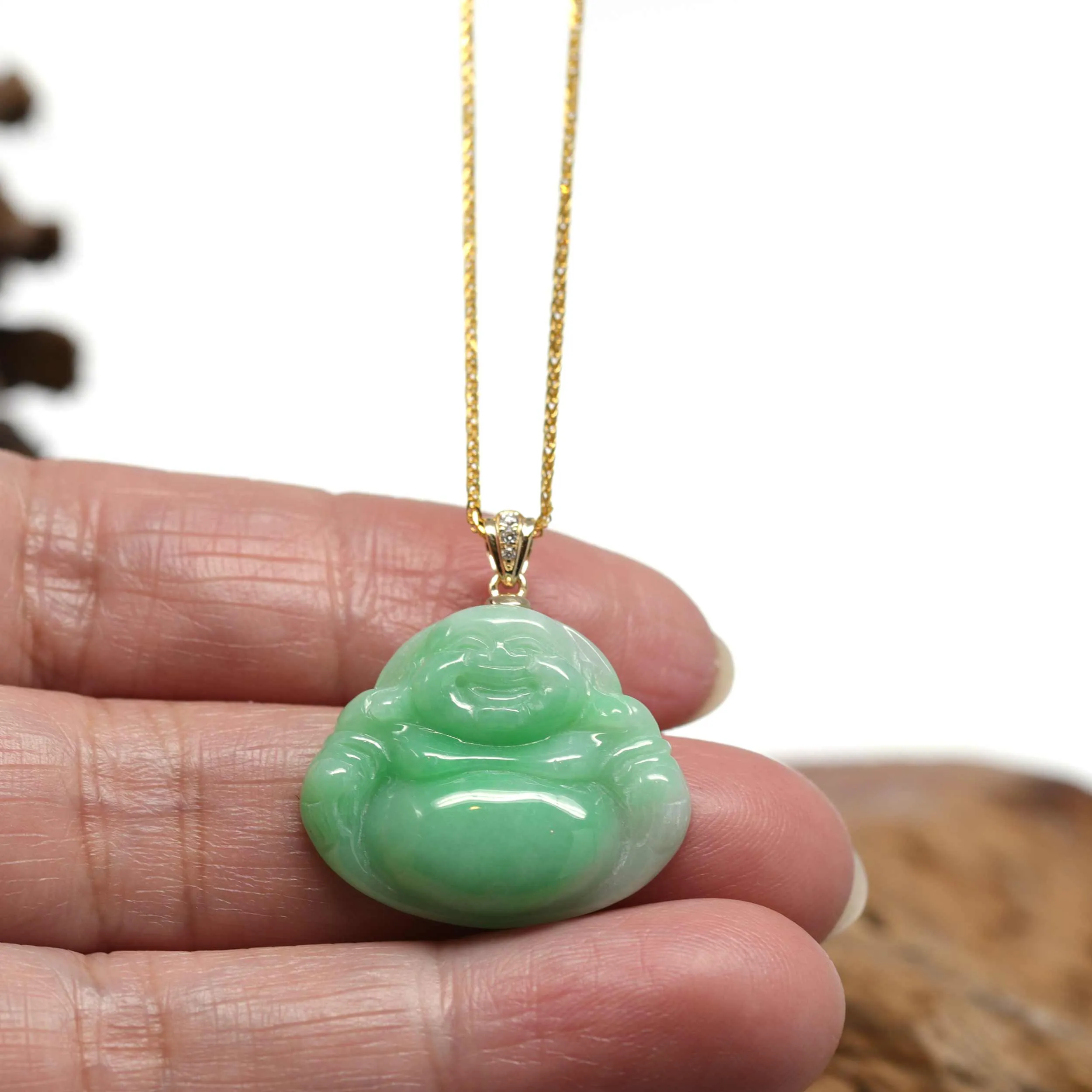 RealJade® "Laughing Buddha" Genuine Green Jadeite Buddha Pendant Necklace With 14k Yellow Gold Diamond Bail