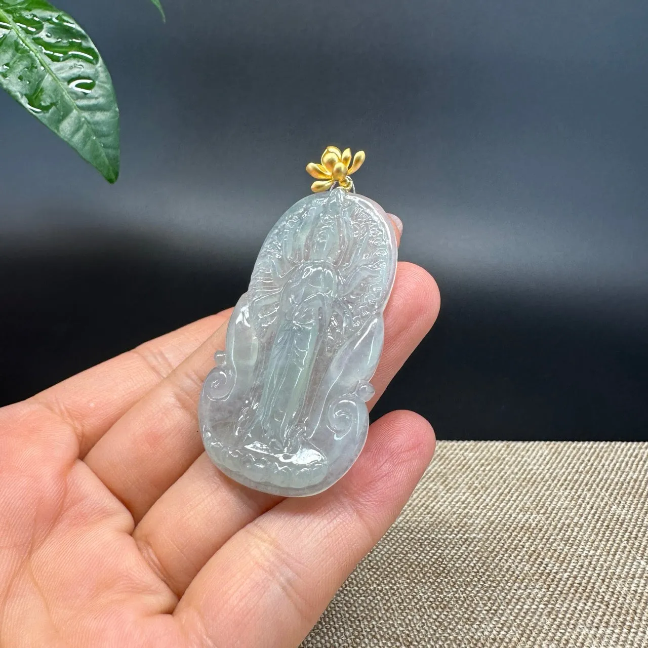 RealJadeCo. 18K Yellow Gold & Genuine Ice Jadeite Thousand-Hand Guanyin Pendant Necklace