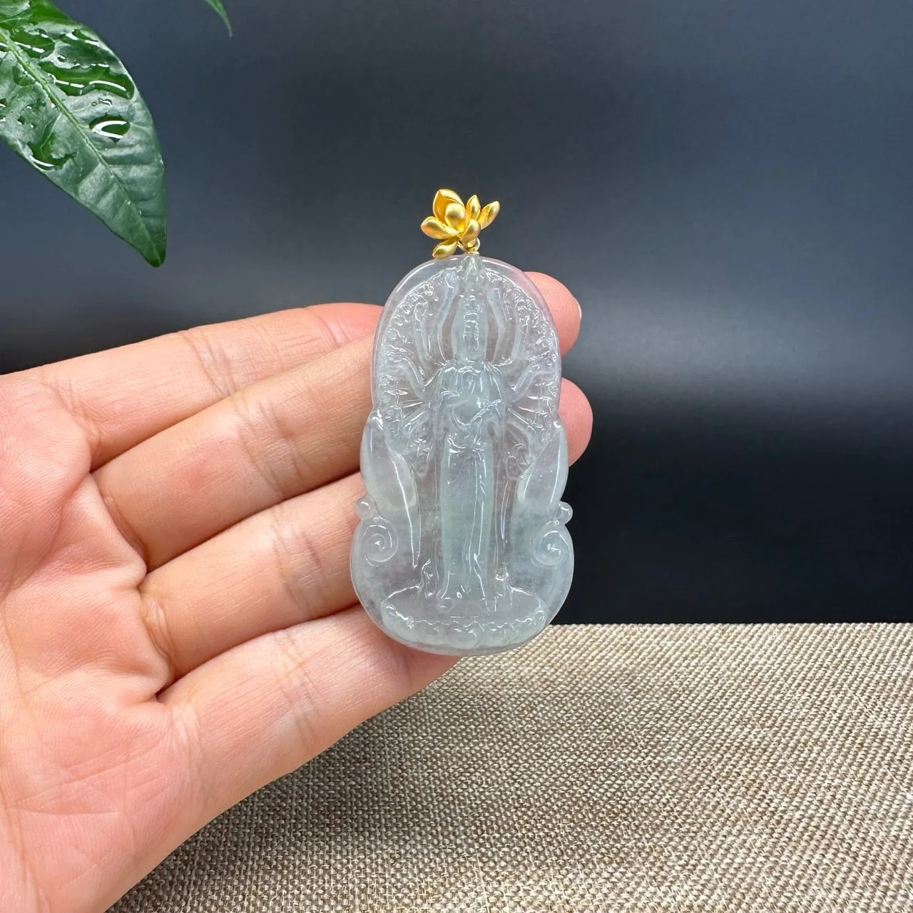 RealJadeCo. 18K Yellow Gold & Genuine Ice Jadeite Thousand-Hand Guanyin Pendant Necklace