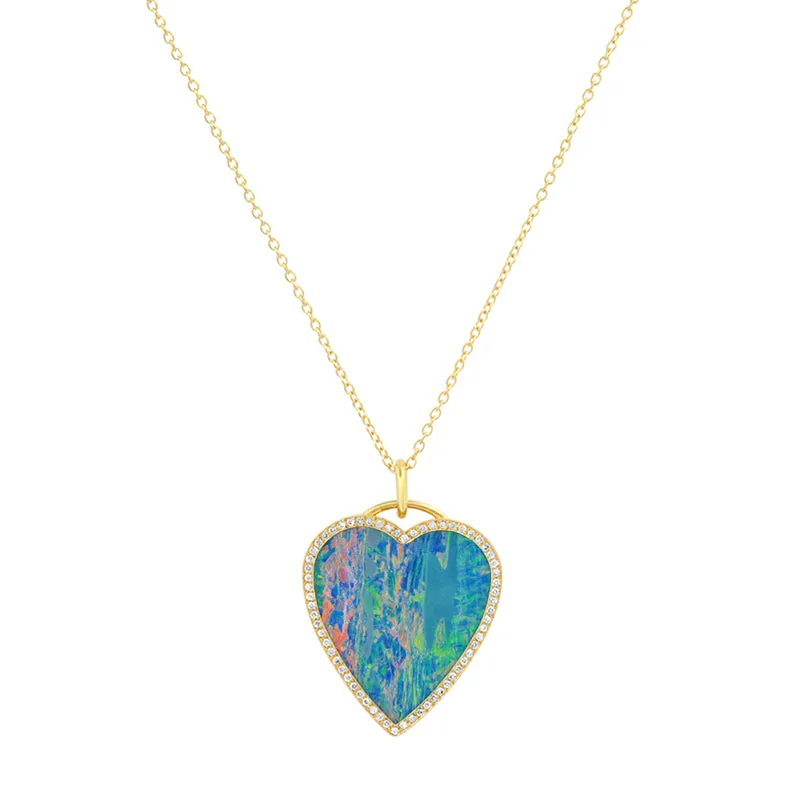 Red Boulder Opal Inlay Heart Necklace with Diamonds