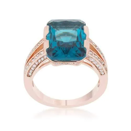 Rema 8.6ct Aqua CZ Rose Gold Emerald Classic Cocktail Ring