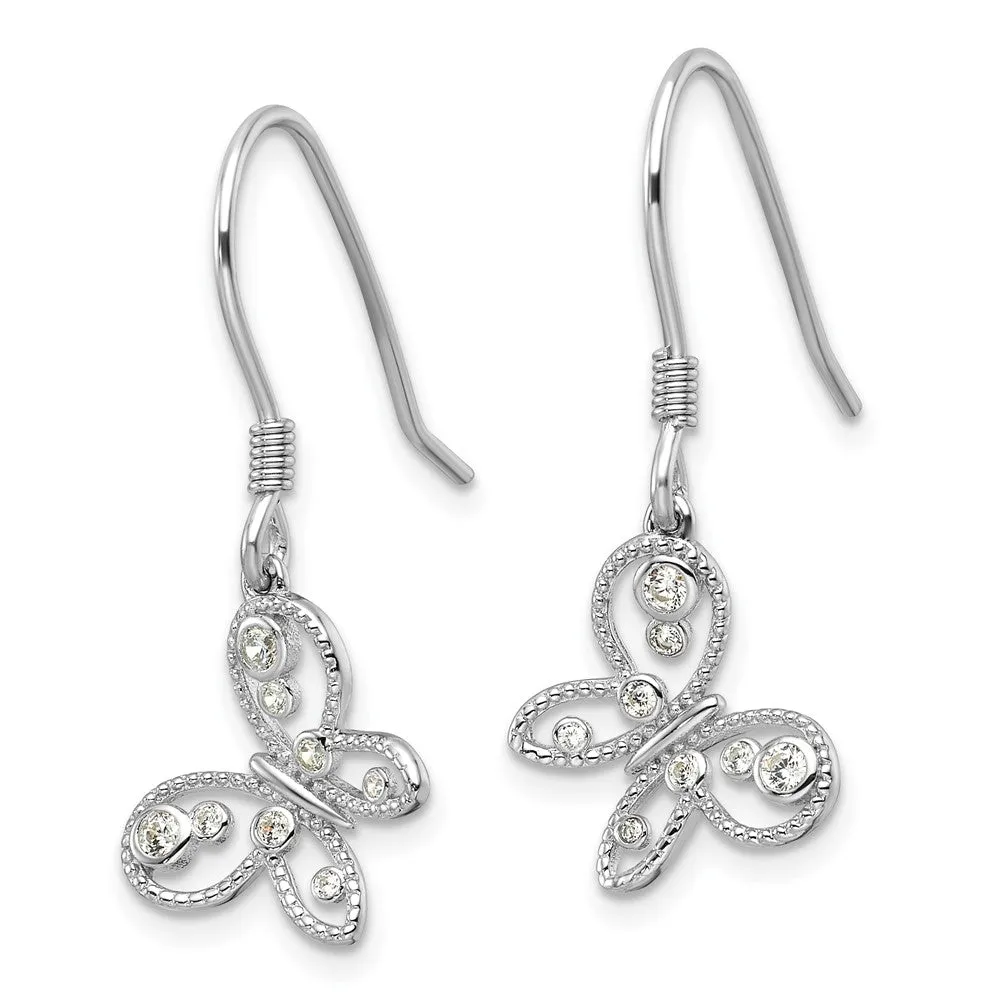 Rhodium-plated Sterling Silver CZ Butterfly Shepherd Hook Earrings