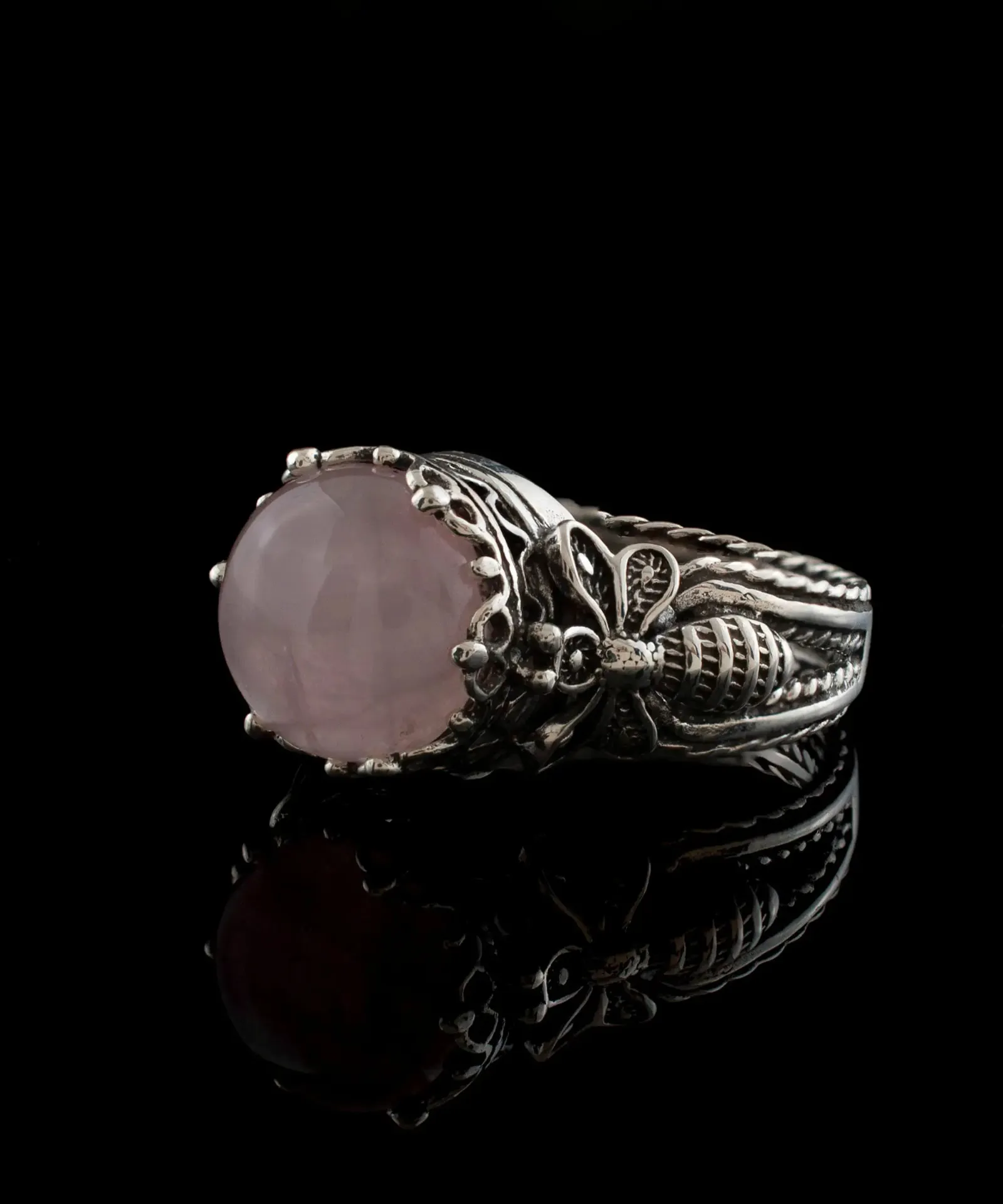 Rose Quartz Bee Cocktail Ring - Silver Filigree Artistry, Wedding Accessory, Valentine's Jewelry, Elegant Gemstone