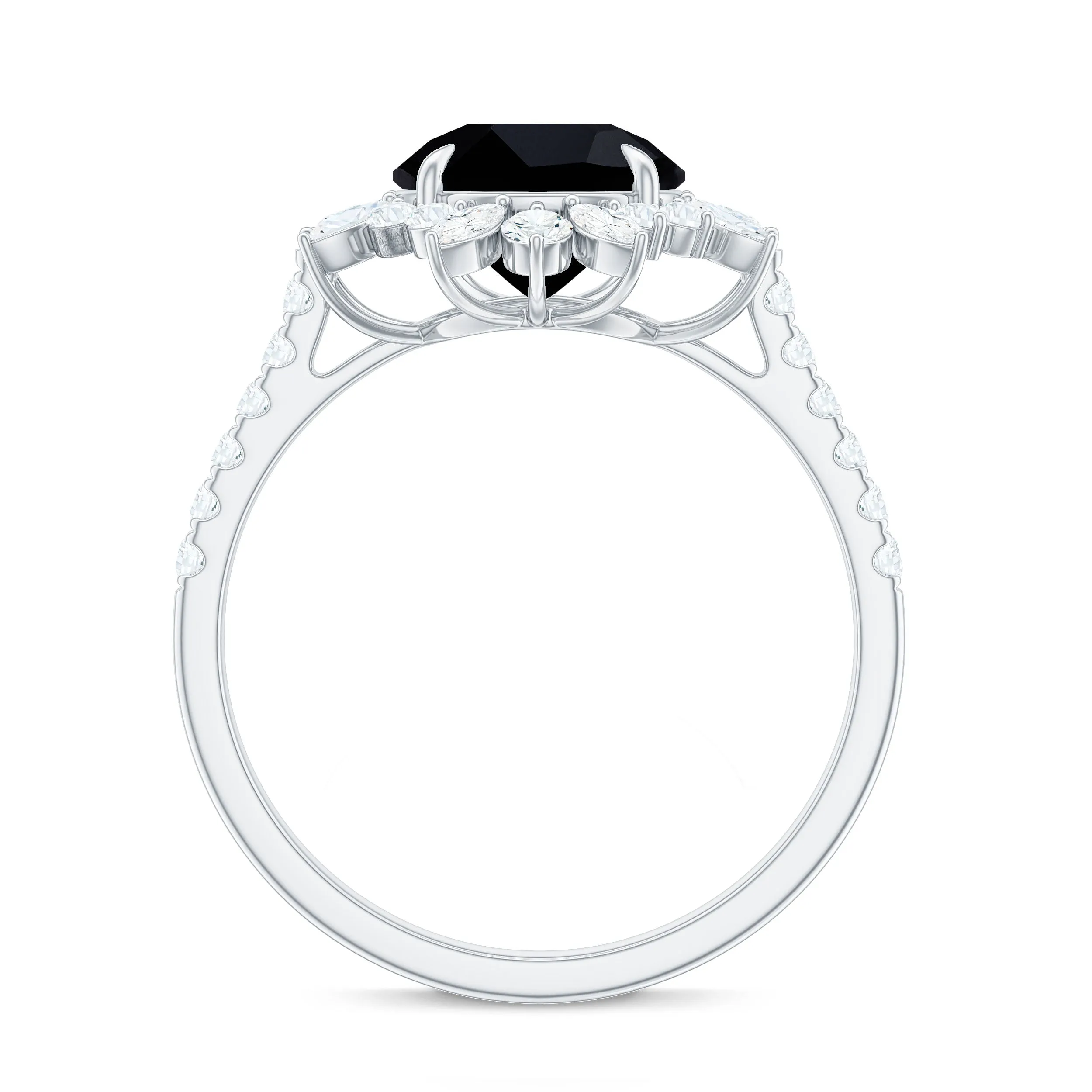 Round Black Spinel Statement Ring with Moissanite Floral Halo