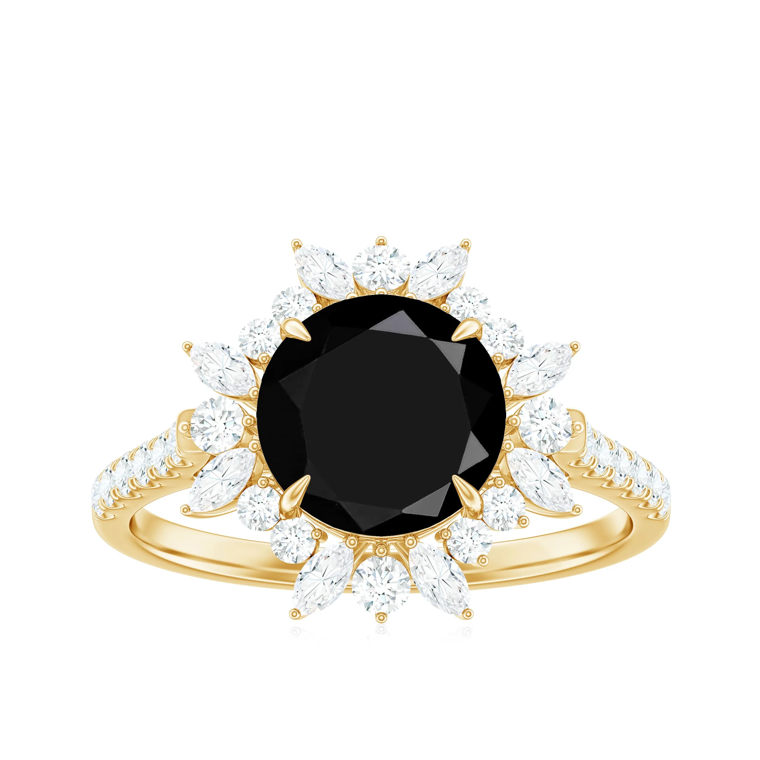 Round Black Spinel Statement Ring with Moissanite Floral Halo