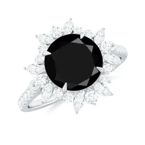 Round Black Spinel Statement Ring with Moissanite Floral Halo