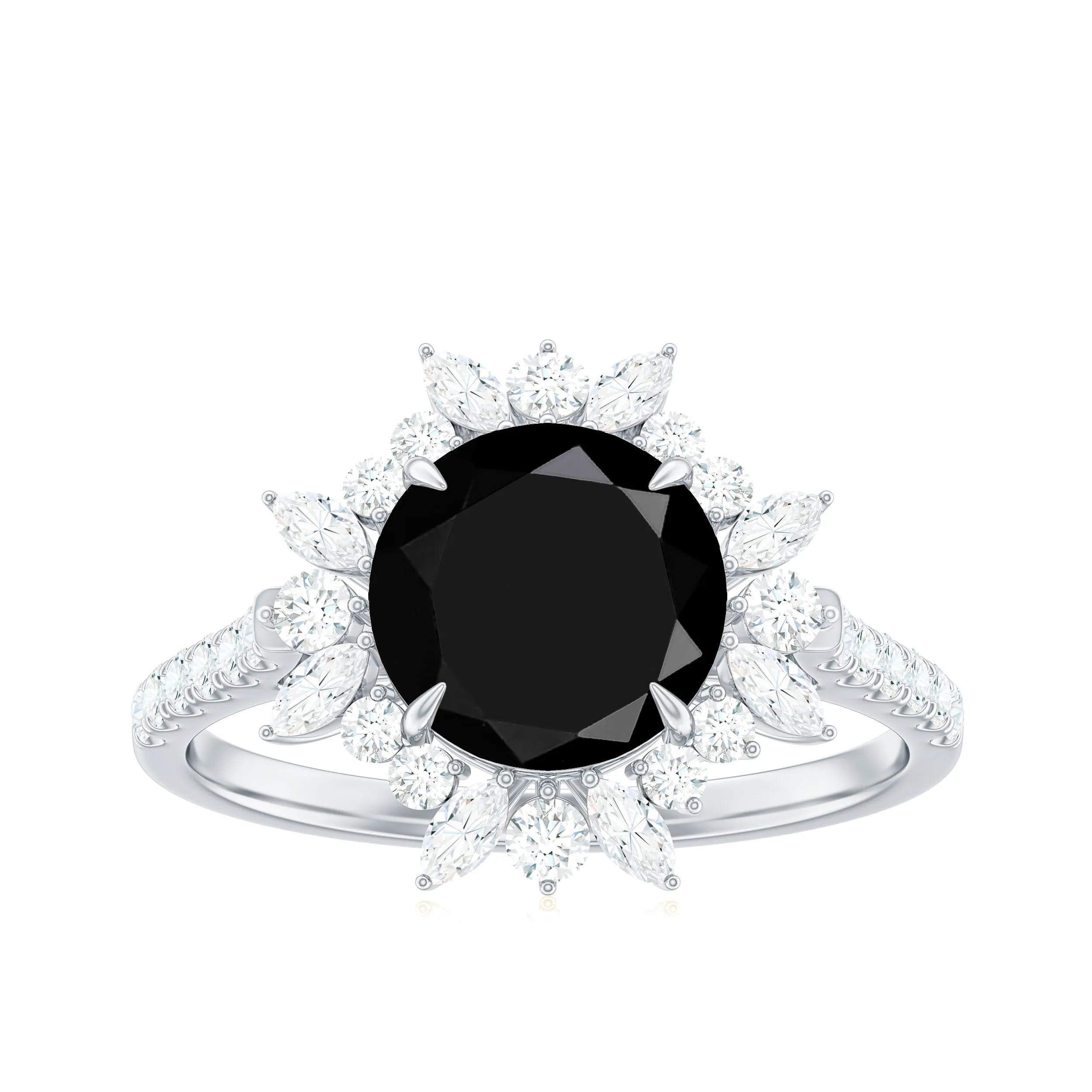 Round Black Spinel Statement Ring with Moissanite Floral Halo