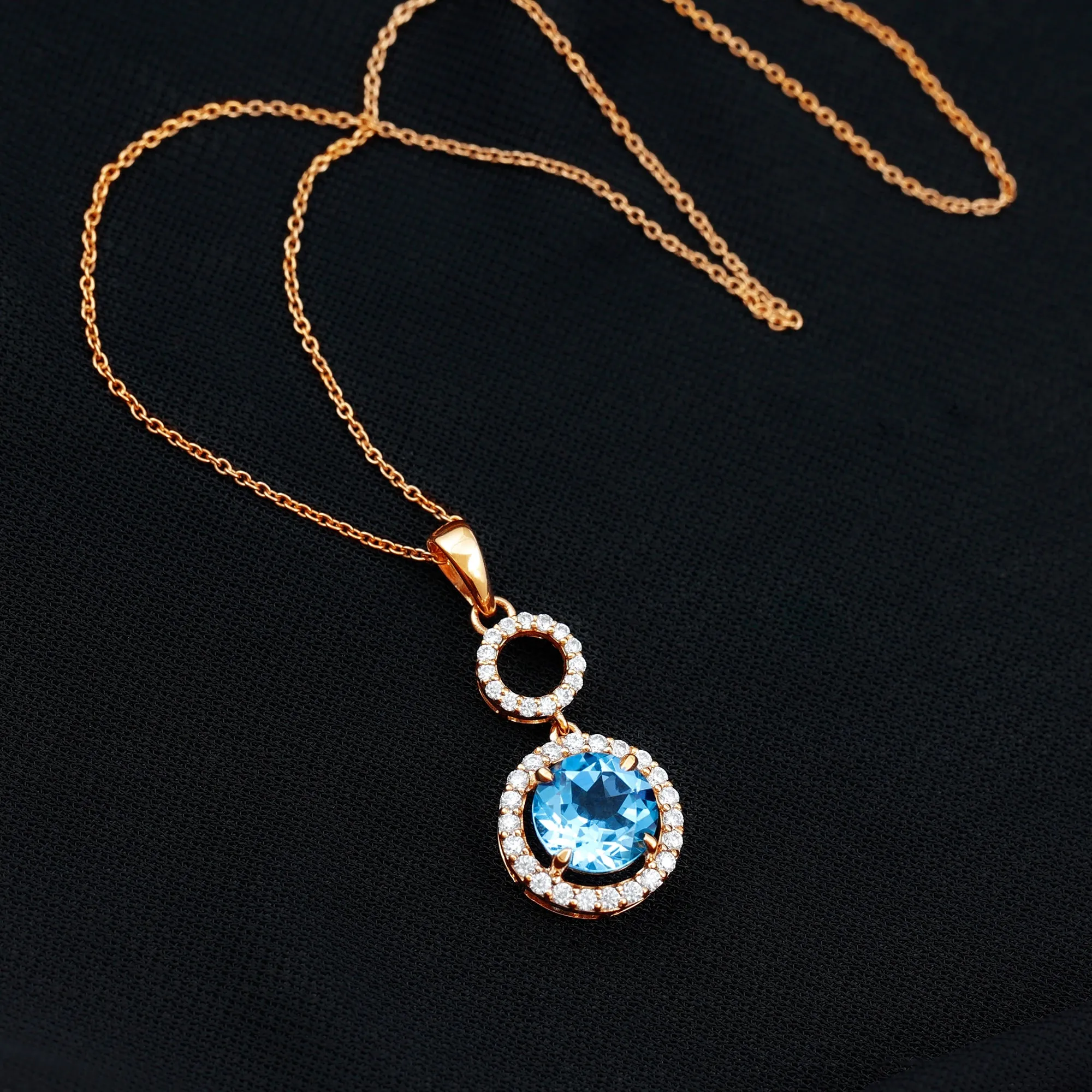 Round Swiss Blue Topaz Dangle Pendant with Diamond Halo