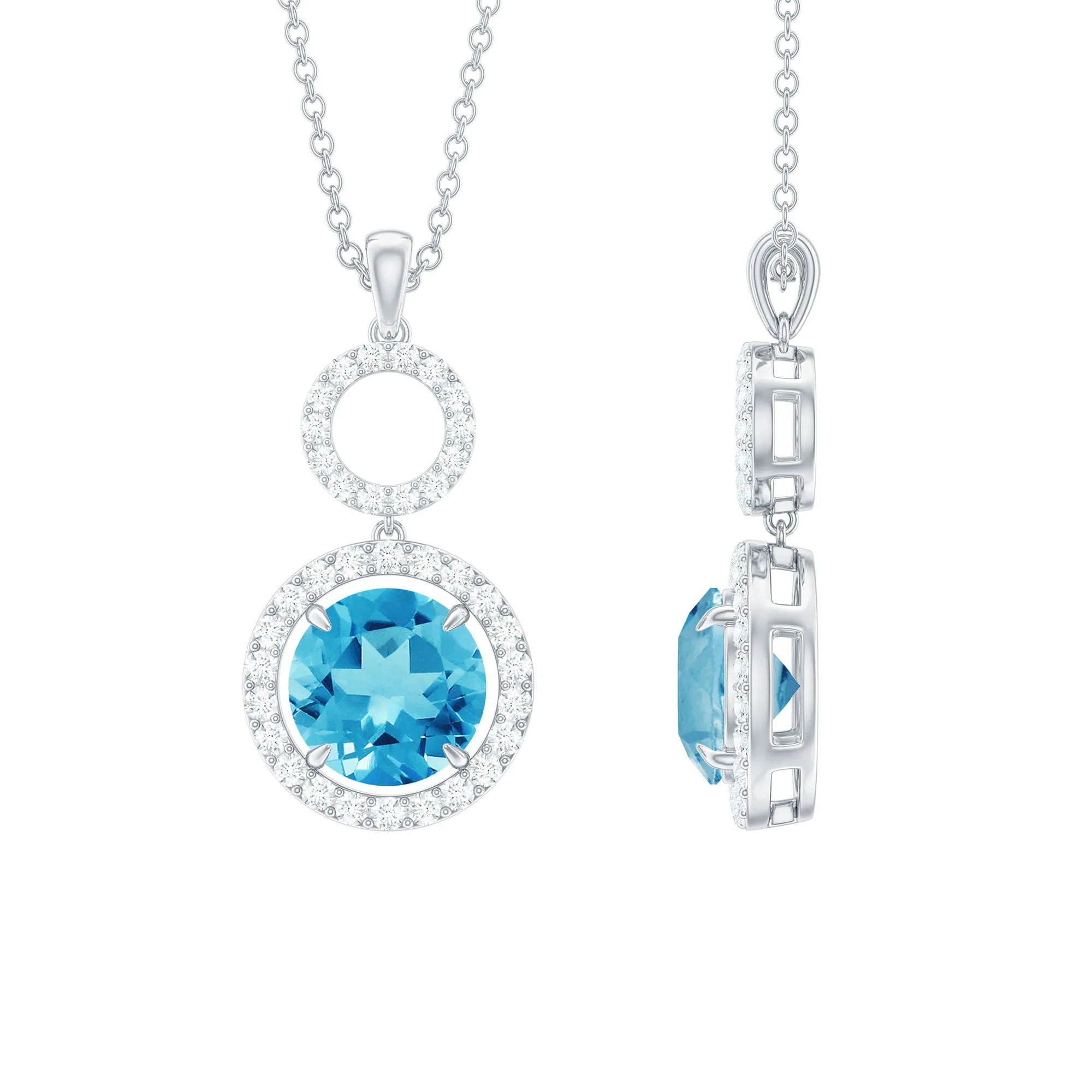 Round Swiss Blue Topaz Dangle Pendant with Diamond Halo