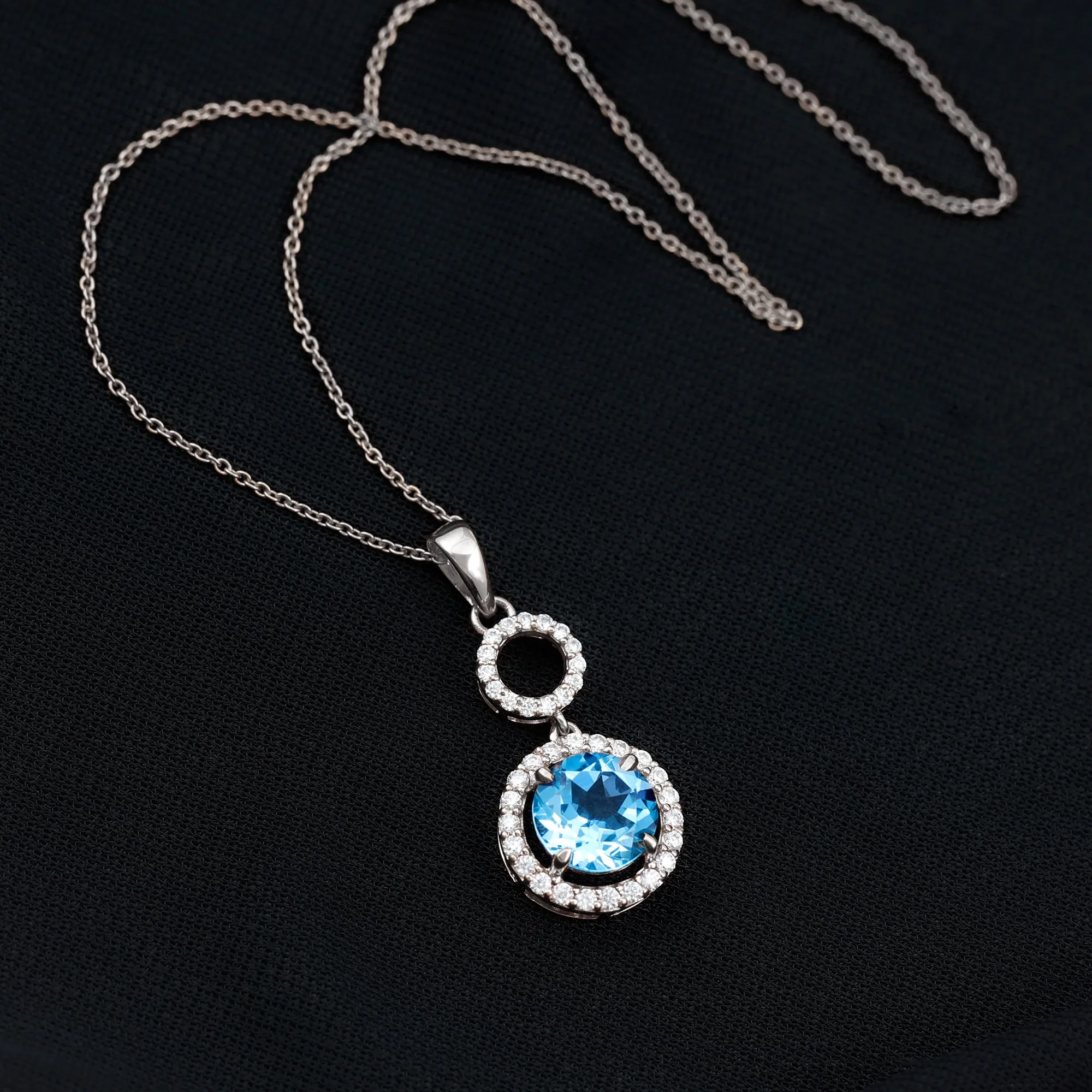 Round Swiss Blue Topaz Dangle Pendant with Diamond Halo