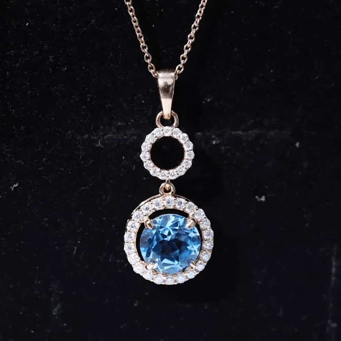 Round Swiss Blue Topaz Dangle Pendant with Diamond Halo