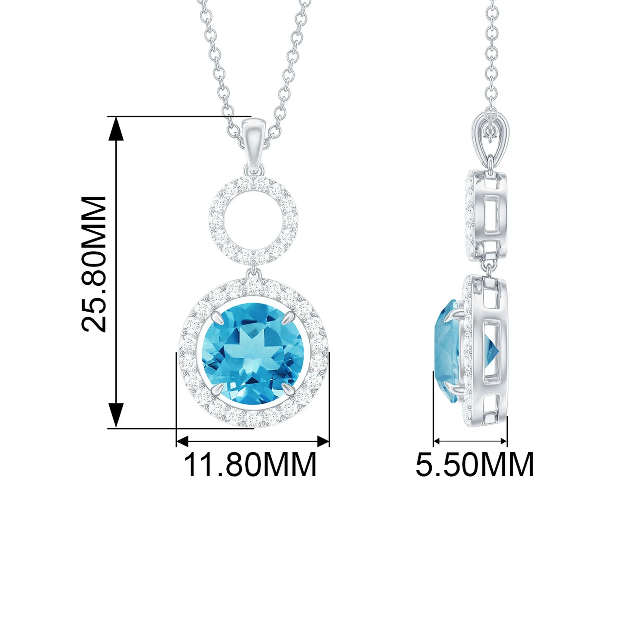 Round Swiss Blue Topaz Dangle Pendant with Diamond Halo