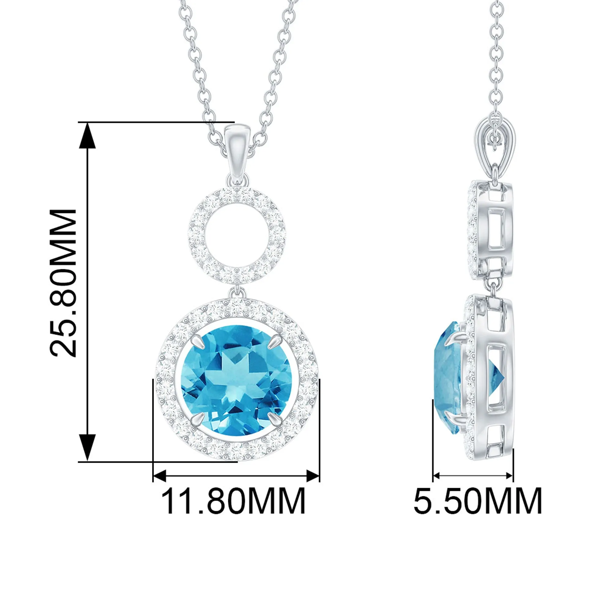 Round Swiss Blue Topaz Dangle Pendant with Diamond Halo