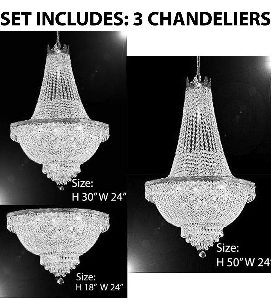 Set of 3-1 French Empire Crystal Chandelier Lighting H50 X W24 & 1 French Empire Crystal Chandelier Lighting H30 X W24 and French Empire Crystal Semi Flush Basket Chandelier Chandeliers Lighting H18 - C7/CS/870/9 CS/870/9  FLUSH/CS/870/9