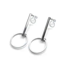 Silver Bar and Circle Invisible Clip On Stud Earrings