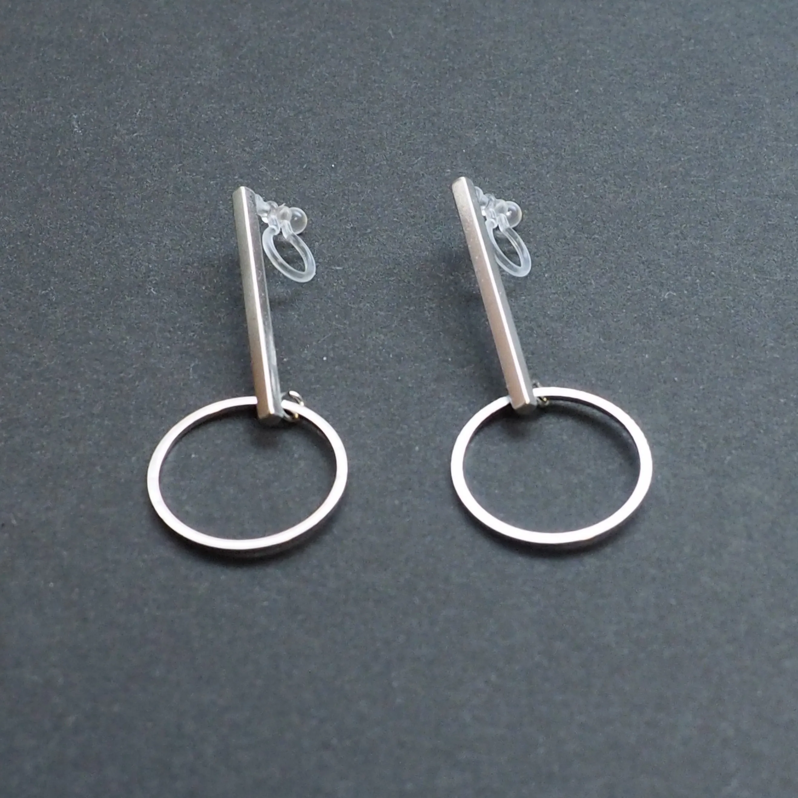 Silver Bar and Circle Invisible Clip On Stud Earrings