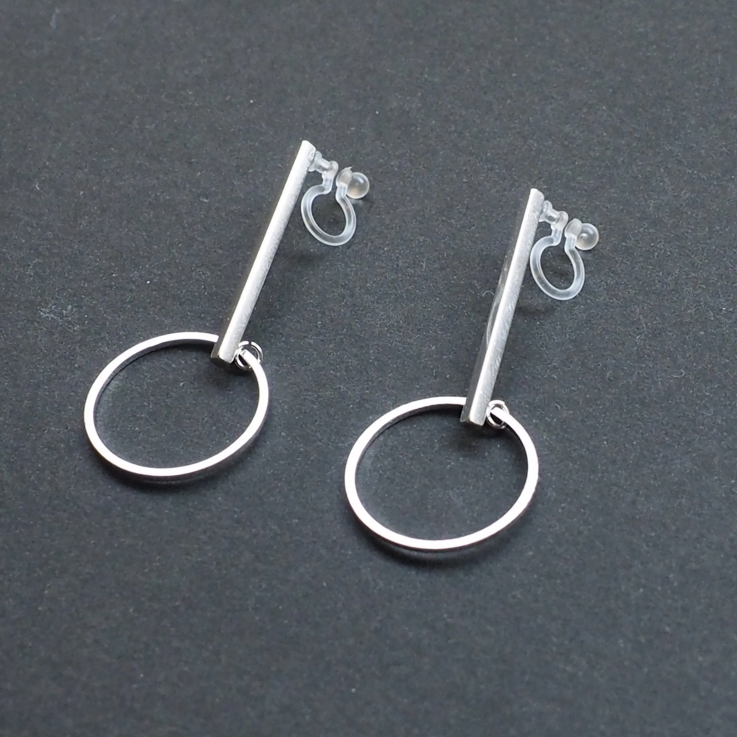 Silver Bar and Circle Invisible Clip On Stud Earrings