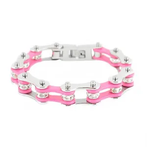 SK1118 Wide Two Tone Silver Pink With White Crystal Rollers Stainless Steel Motorcycle Bike Chain Bracelet