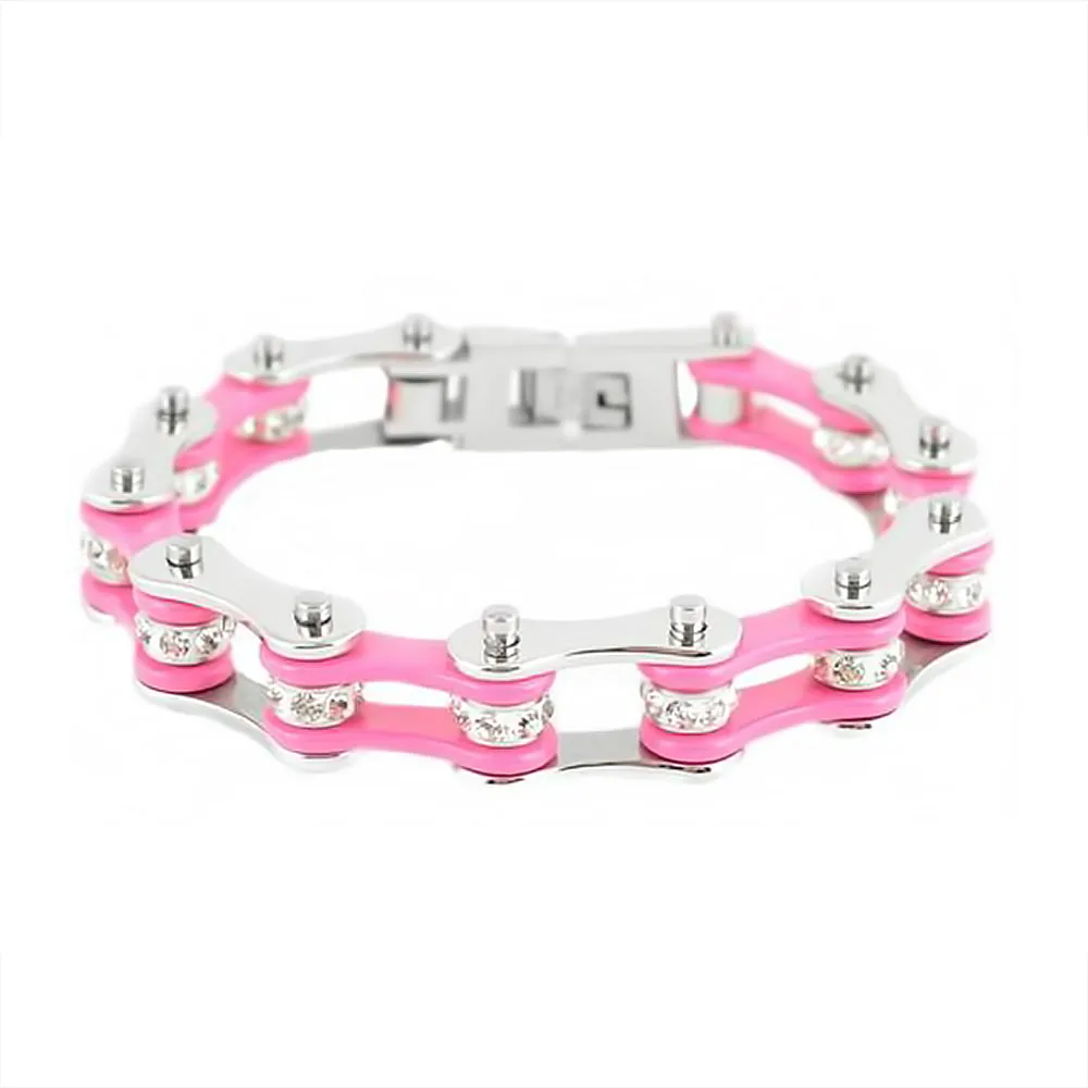 SK1118 Wide Two Tone Silver Pink With White Crystal Rollers Stainless Steel Motorcycle Bike Chain Bracelet