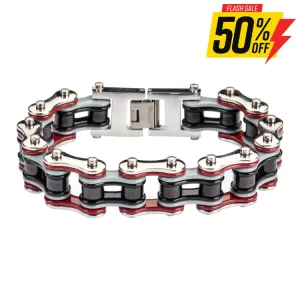 SK1309 Quad Color Silver Red Grey Black 3/4" Wide Double Link Design Men's Stainless Steel Motorcycle Chain Bracelet