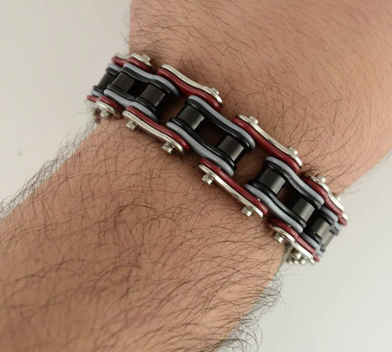 SK1309 Quad Color Silver Red Grey Black 3/4" Wide Double Link Design Men's Stainless Steel Motorcycle Chain Bracelet