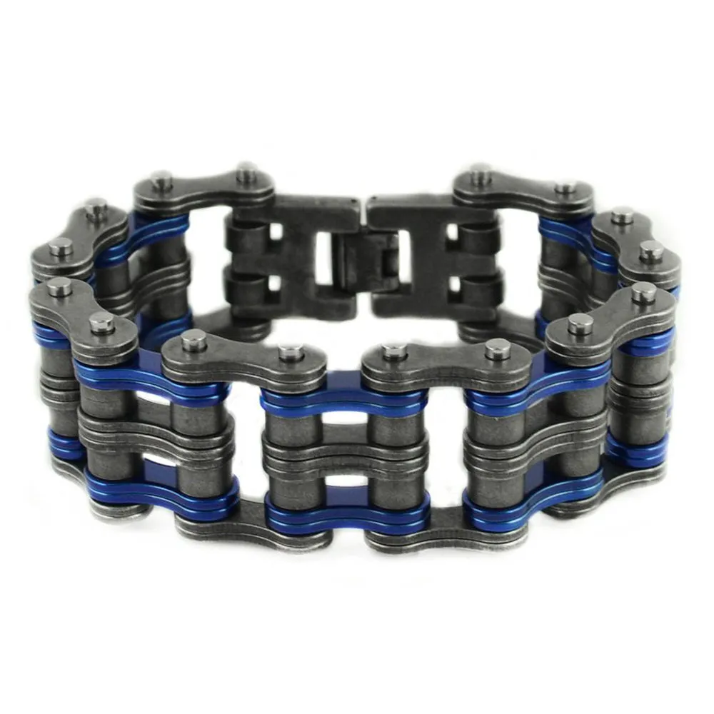 SK1823 1" Wide Two Tone Distressed Finish Candy Blue Links Unisex Stainless Steel Motorcycle Chain Bracelet