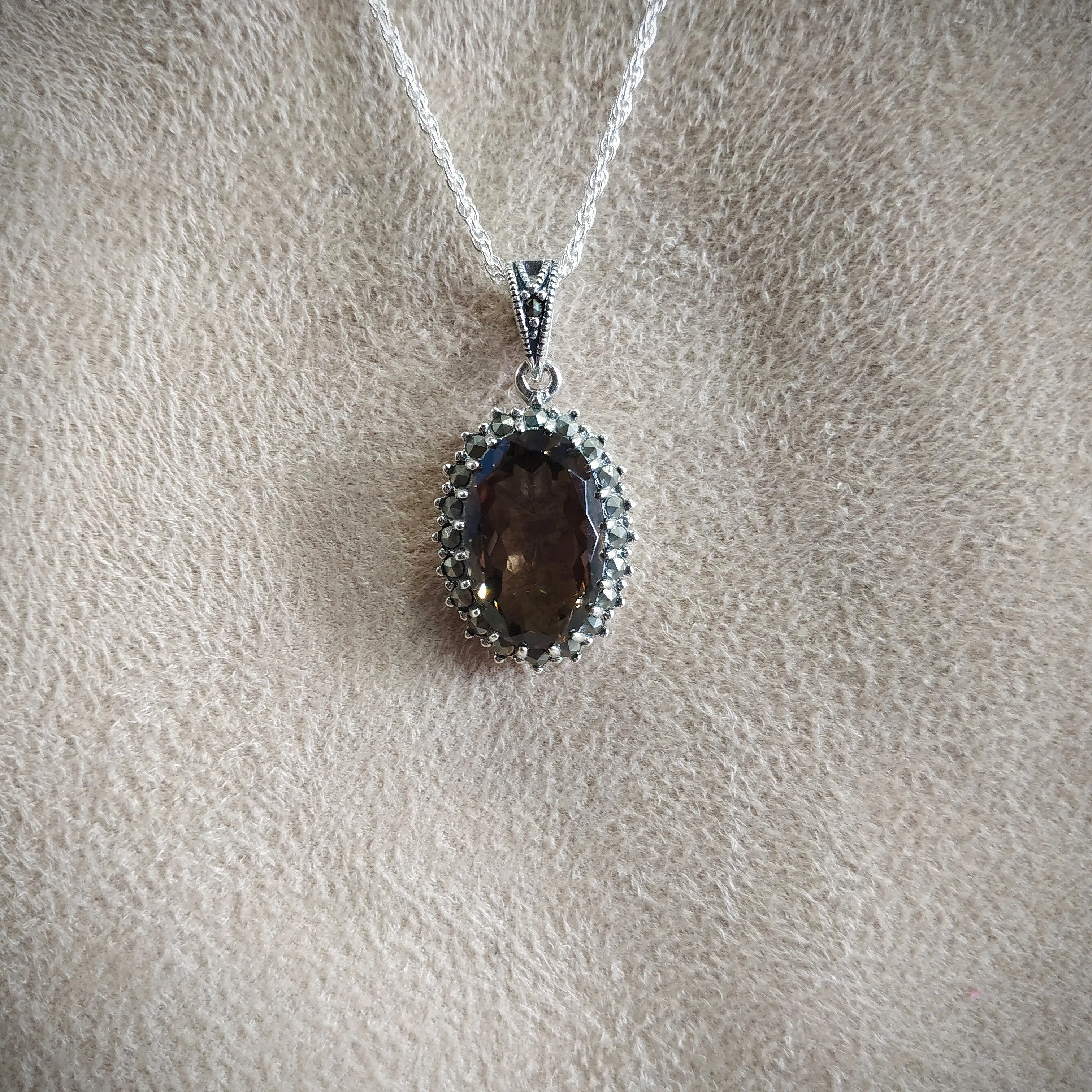 Smoky Quartz Oval Pendant Necklace Silver Marcasite