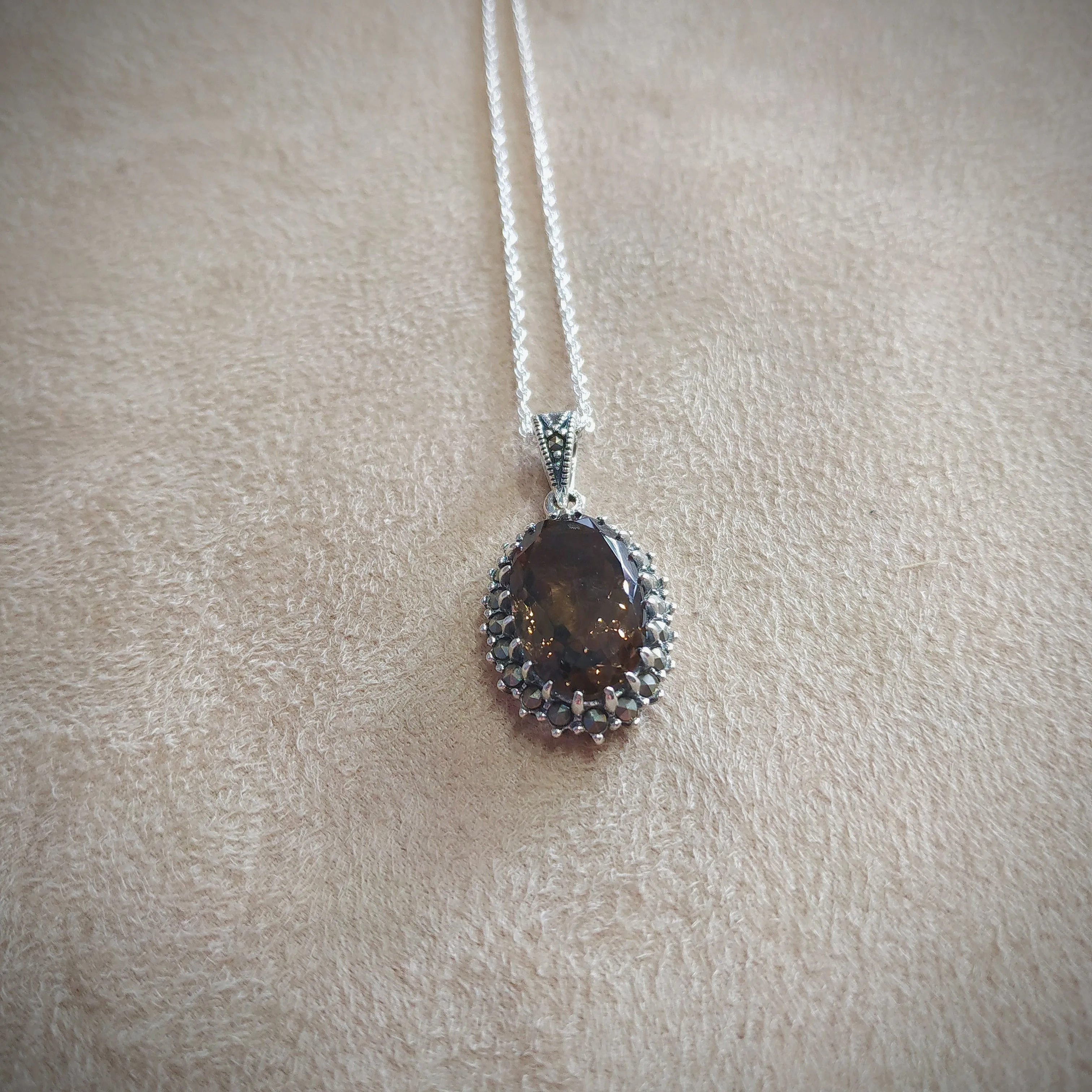 Smoky Quartz Oval Pendant Necklace Silver Marcasite