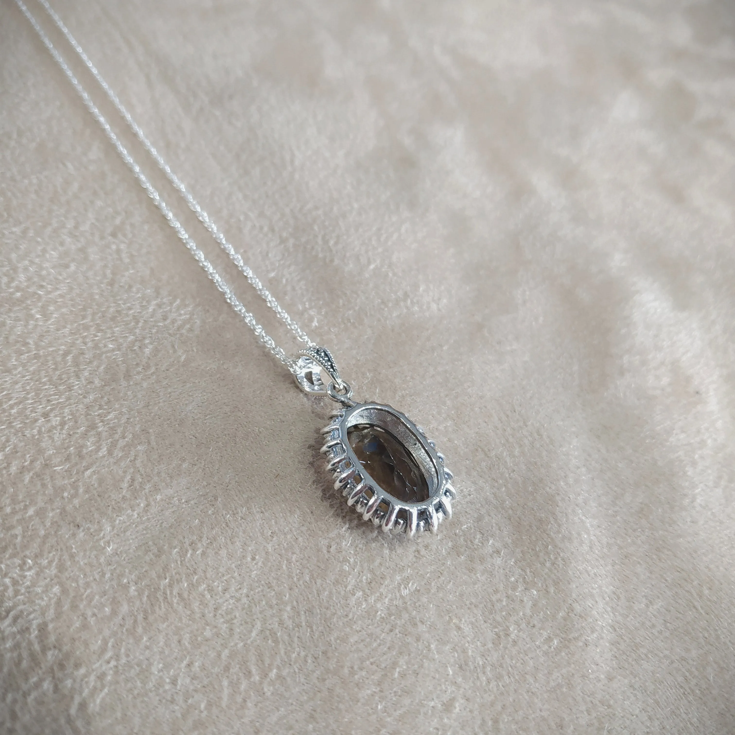 Smoky Quartz Oval Pendant Necklace Silver Marcasite