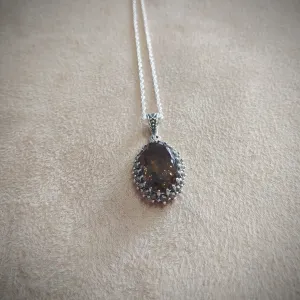 Smoky Quartz Oval Pendant Necklace Silver Marcasite