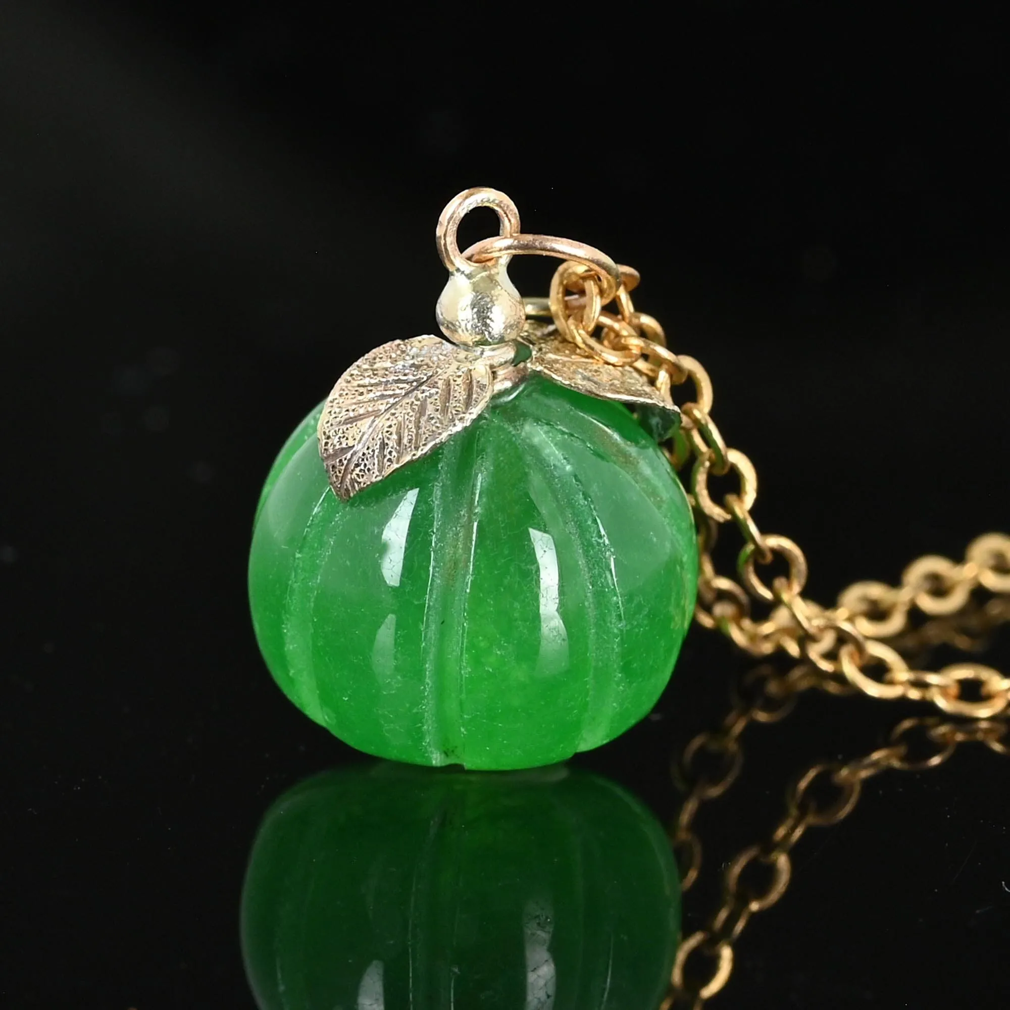 Solid Gold Leaf Carved Jade Pumpkin Charm Necklace