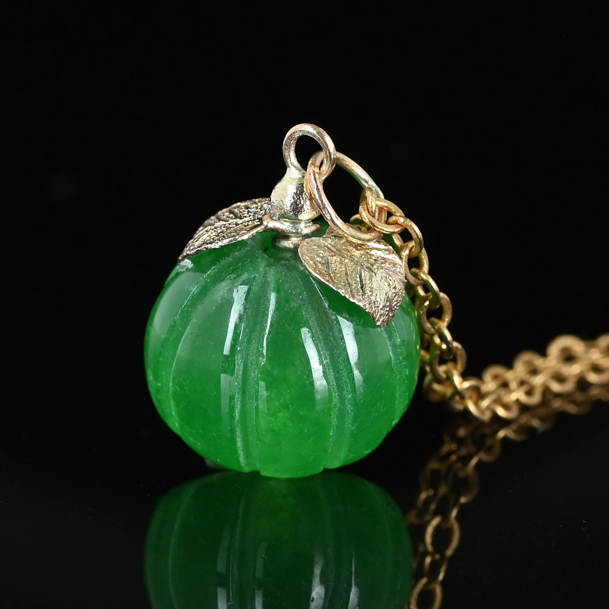 Solid Gold Leaf Carved Jade Pumpkin Charm Necklace