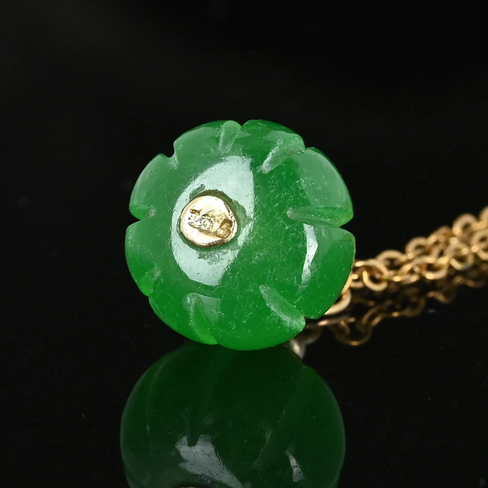 Solid Gold Leaf Carved Jade Pumpkin Charm Necklace