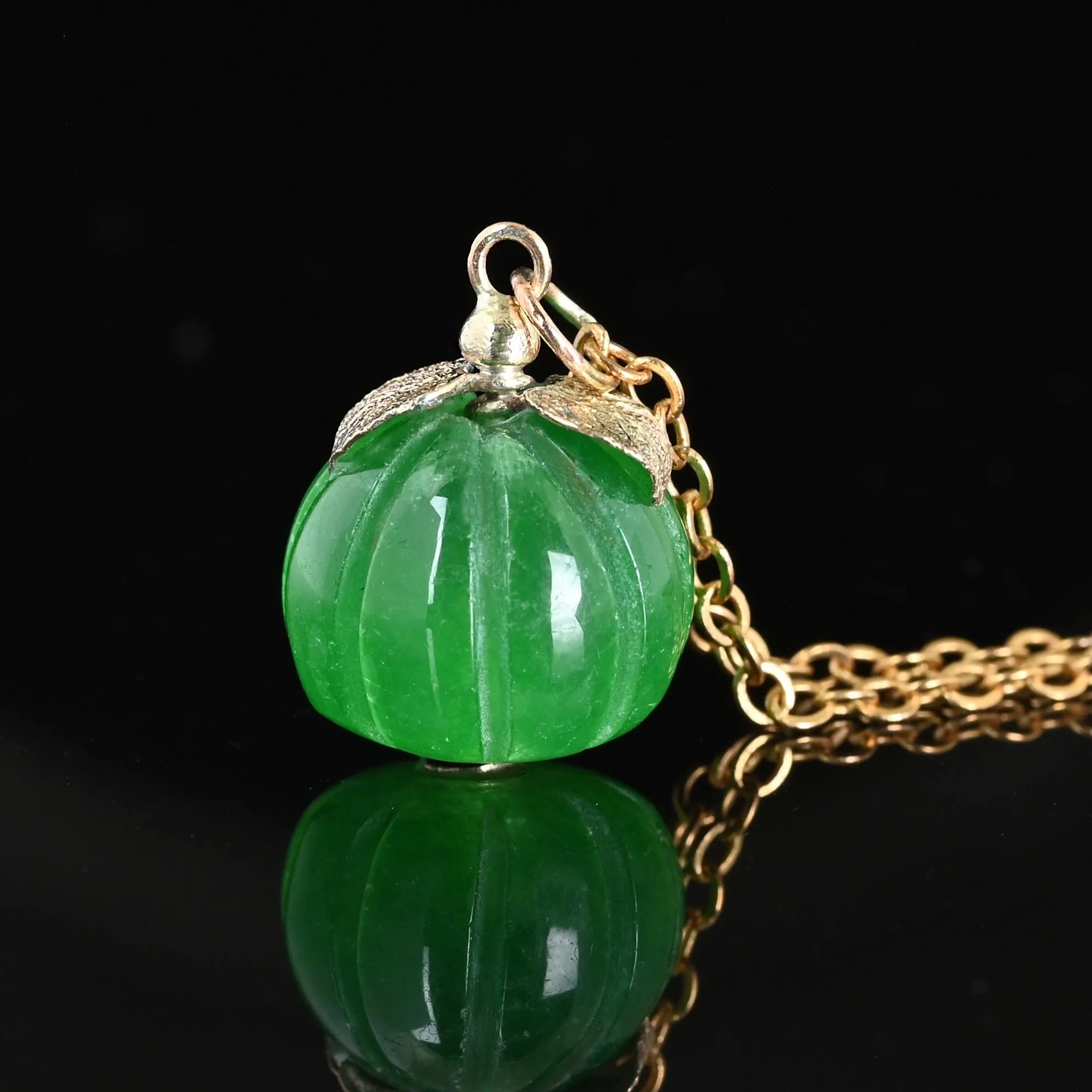 Solid Gold Leaf Carved Jade Pumpkin Charm Necklace