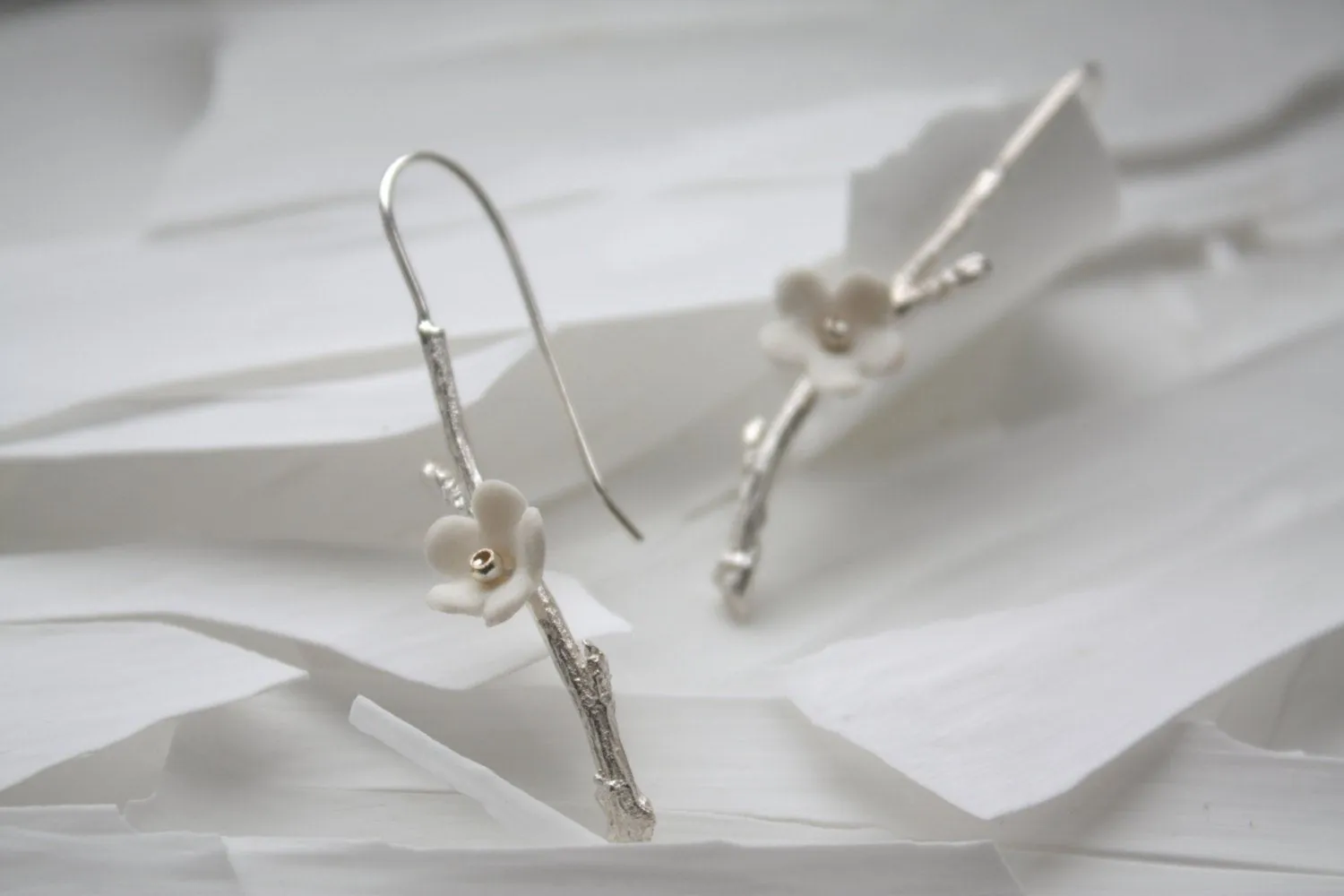 Solid sterling silver earrings with stoneware porcelain flowers - silver twig earrings