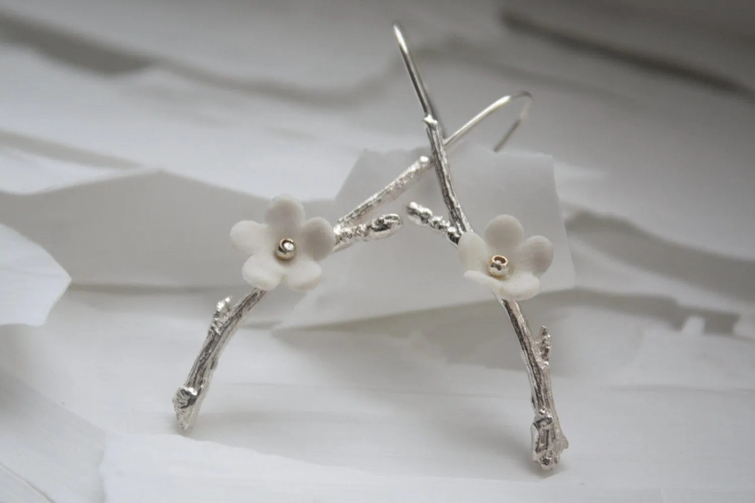 Solid sterling silver earrings with stoneware porcelain flowers - silver twig earrings