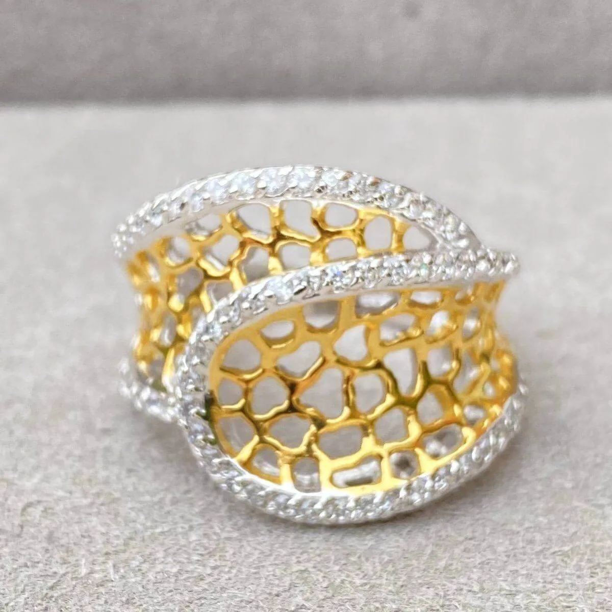 Sparkling Honeycomb Wide Ring In Sterling Silver & 18 Carat Gold