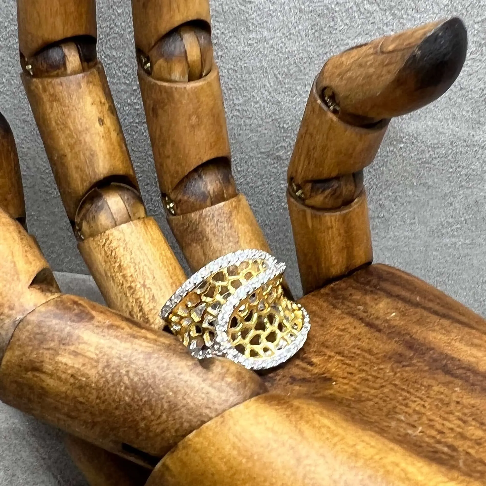 Sparkling Honeycomb Wide Ring In Sterling Silver & 18 Carat Gold