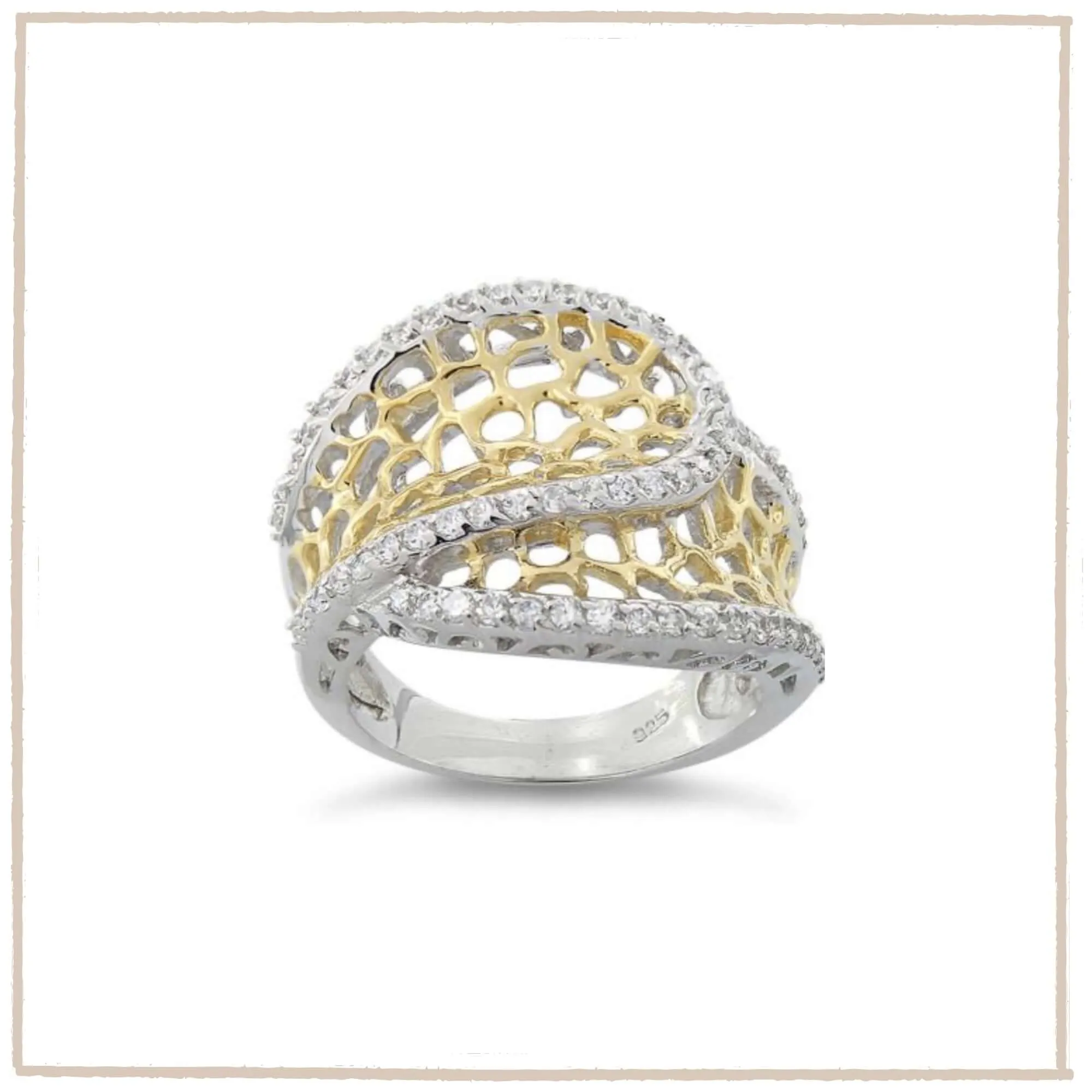 Sparkling Honeycomb Wide Ring In Sterling Silver & 18 Carat Gold