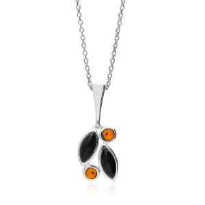 Sterling Silver Amber & Whitby Jet Leaf Pendant