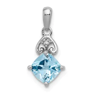 Sterling Silver Diamond And Light Swiss Blue Topaz Cushion Pendant